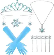 10PCS Frozen Princess Costume Accessories Set, Princess Snowflake Accessories with Crown Hair Clips Earrings Necklace Gloves for Women Girls Birthdays Mardi Gras Cosplay Dress Up