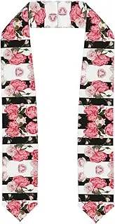 [WURTON] Black White Striped Flowers Print Unisex Adult Graduation Stole Class Of 2024 Polyester Shawl Stole With Trim Honor