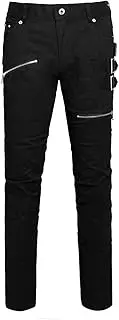 [uxcell] Men Casual Slim Fit Punk Gothic Pockets Patch Buckle Zipper Pants Trousers