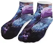 [QMNVBDS] Purple Rose And Butterfly Socks Ankle Length Socks Casual Short Socks for Women Men Low Cut Sports Socks Running Socks No Show Socks Ankle Socks Athletic Socks Workout Socks, Style, One Size