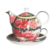 Red Poppies Tea For One Black Teapot Cup & Saucer Fine Bone China Mother Gift