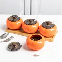 在飛比找Yahoo!奇摩拍賣優惠-創意柿子陶瓷調味罐套裝組家用帶蓋防潮密封罐廚房辣椒味精調料盒