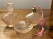 Vtg Pink Satin Frosted Swirled Design Vanity Perfume Bottle Set Trinket Dish