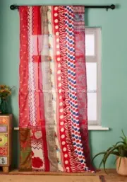 2 Pcs Indian Sari Patchwork Curtain Drape Window Decor Red Silk Sari Curtain