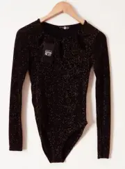 Boo Hoo Black Gold Shimmer Body Suit Leotard Womens Size 8