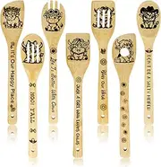 Whaline 7Pcs Highland Cow Wooden Spoons Set Cute Cartoon Cow Wooden Spoons Natural Burned Cooking Utensil Spoon for Home Kitchen Decoration Supplies