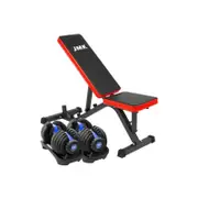 2x Powertrain 24kg Adjustable Dumbbell Home Gym w/ Exercise Bench Blue