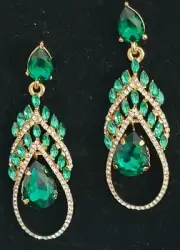 Victorian Trading nOir Peacock Feather Green Crystal Dangle Earrings 30F