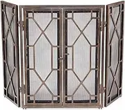 Fireplace Screen Guard, Fire Guard 3 Panel Fire Safe Guard with Doors, Foldable Iron Fireplace Screen with Metal Mesh, Freestanding Spark Guard for Living Room Fireplace (Color : Red Copper)