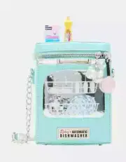 Betsey Johnson Kitsch Clean Or Dirty Blue Dishwasher Fry Pan Zip Pull Crossbody