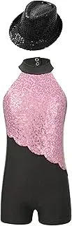 [Hedmy] Kids Girls Modern Jazz Latin Tap Dance Outfit Shiny Sequins Halter Neck Ballet Leotard with Hat Set