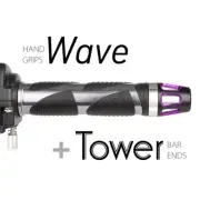 KiWAV Motorcycle Wave Grips Dark Gray with Tower Bar Ends Purple/Silver