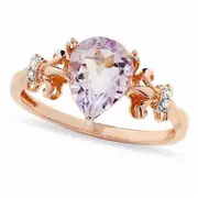 Pear-Shaped Rose de France Amethyst and Natural Diamond Accent Ring in Solid 10K Rose Gold