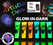 UV NEON GLOW IN THE DARK FACE & BODY PAINT+ FREE UV LIGHT! 6 x15ml