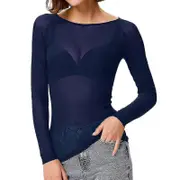 Women See-through Long Sleeve Seamless Arm Shaper Top Blue M