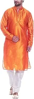 [Royal Kurta] Men's Silk Blended Mandarin Collar Long Kurta Churidar Set (42, Saffron)