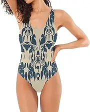 [RPLIFE] Blue Leaf Beige Women's Swimsuits, Open Back Swimsuit Petite Bathing Suits for Women