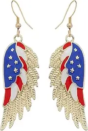 [MLEPUS] American Flag Dangle Dangle Earrings for Women Gold Plated Enamel Feather Stars Cute Red White Blue USA Patriotic 4th of July Independence Day Drop Fish Hook Earring Jewelry Souvenirs