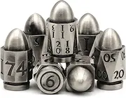FONVGOGO Bullet Dice for Dungeons and Dragons, Metal Dice Set D&D Polyhedral D and D Dice for Role Playing Game Unique Cool Cyberpunk Dice for Sci-Fi Warhammer War Crime Theme (Bullet Sliver)