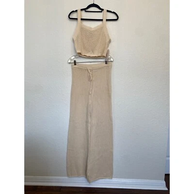 NWT Willow & Wind Cropped Tank Top & Pants Crochet Set Women's L Beige