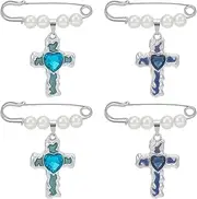 WEBEEDY 4pcs Pearl Brooch Pins Wedding Bouquet Charm Pin Safety Pins with Cross Pendant Heart Rhinestone Decoration Pins for Clothing Bride Groom Bouquet Anniversary Unique Gift (Blue/Green Cross