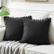 Fancy Homi Pack of 2 Black Decorative Throw Pillow Covers with Pom-poms, Soft Corduroy Solid Square Cushion Cases Set for Couch Sofa Bedroom Car Living Room (18x18 Inch/45x45 cm, Black)