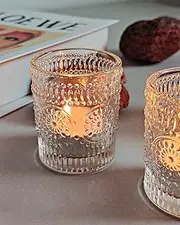 WDHODEC Clear Tealight Candle Holders Set of 24, Fall Votive Candle Holders, Vintage Tea Lights for Birthday Party, Wedding Halloween Decoration