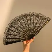 Floral Fabric Foldable Hand Fan (Various Designs) Single Layer Lace - Black - One Size