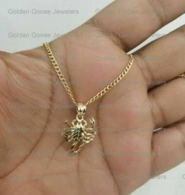 Real 14k Yellow Gold Scorpio Scorpion Lucky Pendant Charm 22" Cuban Chain Set