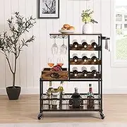 IHOMDEC Bar Cart with Storage, Mobile Kitchen Serving Cart with Wine Rack and Wine Glass Holder, Removable Wood Tray, Industrial Wine Cart on Wheels with Handle, Rustic Brown