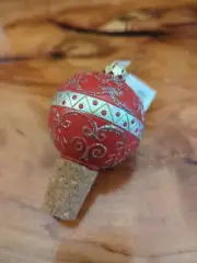 Christmas Tree Ornament Ball Wine Bottle Stopper Wood Resin Red Silver