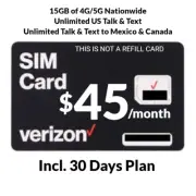 Verizon Prepaid $45 Unlimited Talk, Text, 15GB 5G Data Plan For 30 Days New Acti