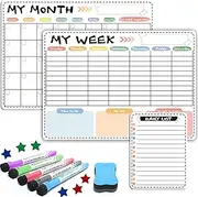 Magnetic Calendar Set for Fridge Wkeely Monthly Planners Dry Erase, 3x Whiteboard Planners Magnetic Sticker and 5x Markers & Large Eraser, 43x30cm Daily Notepad Refrigerator White Board for Kitchen Office School