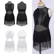 Kids Girls Sequin Leotard Tassel Dress Latin Jazz Samba Tango Dance Dancewear
