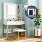 Large Dressing Table Stool Set Vanity Makeup Dresser Table w/9 LED Lights White
