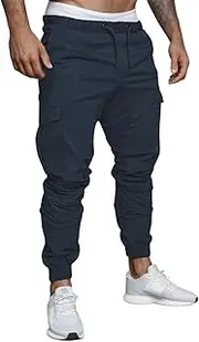 [Generic] Men's Hiking Cargo Pants Drawstring Waist Slim Fit Lightweight Solid Sweatpants Workout Joggers Pants with 6 Pockets