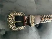 NWOT LEATHEROCK SWAROVSKI BLUE CRYSTAL BROWN LEATHER BELT LARGE