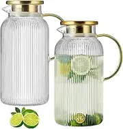 Buaic 2 PACK Glass Pitcher with Lid, 68 oz/ 2 Liter Classic Vertical Stripes Water Pitcher,Glass Water Carafe for Cold Brew, Coffee, Lemonade, Iced Sun Tea,Beverage, Milk, Heat Resistant