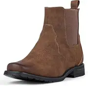 [J's.o.l.e] Western Cowboy Boots for Men Square Toe Chelsea Boots Ankle Mens Boots Slip On Casual Dress Shoes Brown