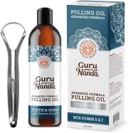 GuruNanda Advanced Oil Pulling w/ Tongue Scraper Mouthwash Vitamin D & E 8 Fl Oz