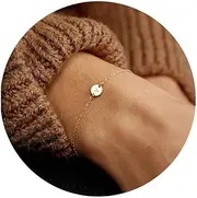 [Glimmerst] Personalized Initial Bracelet, 18K Gold Plated Stainless Steel Letter Bracelet Dainty Coin Charm Bracelet Delicate Disc Name Bracelet for Women