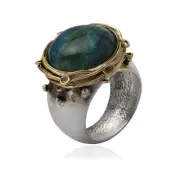 Brushed Sterling Silver, Eilat Stone And Gold Filled Wire Ring