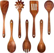 Wooden Spoons for Cooking, 7 Pcs Natural Teak Wooden Utensils for Cooking Non-Stick Wood Spatula Set Comfortable Grip Wood Kitchen Utensils (Brown-A)