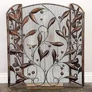 Fireplace Screens 3 Panel Wrought Iron Fireguard Screen with Mesh, Baby Safe Proof Solid Arch Spark Guard for Fireplace Wood Burning, Leaf Design (Color : Antique Copper) Little Surprise