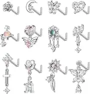 [Sanfenly] 12Pcs Dangle Nose Rings Studs Surgical Steel L Shaped Nose Rings for Women Cute Flower Butterfly Wing Dangling Nose Piercing Jewelry 20G
