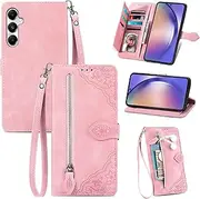 [Asuwish] Mobile Phone Case for Samsung Galaxy A55 5G Case with Screen Protector Card Slot Foldable Leather Wallet Stand A 55 55A A555G Mobile Phone Cases Protective Zip Mobile Phone Case Pink