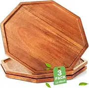 3 Pieces Acacia Wood Serving Tray Wooden Octagon Bread Fruit Platter Large Decorative Plates Charcuterie Cheese Platter Board Vegetable Food Dish for Salad Pizza Cupcakes (12 Inch)