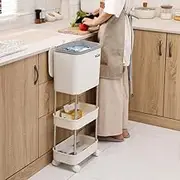 KMSALANK Kitchen Trash Can, Waste Bin with Close Lid, 3-Layer Dry-Wet Waste Separation Garbage Can with Wheels Design for Home Kitchen Bedroom Office 24L/6 Gallon (White)
