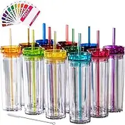 Skinny TUMBLERS 24 Colored Acrylic Tumblers with Lids and Straws | Skinny, 16oz Double Wall Clear Plastic Tumblers with Free Straw Cleaner & Name Tags! Reusable Cup with Straw (Multicolors, 24)