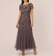 Adrianna Papell Womens Floral Beaded Godet Gown Dress Moonscape Size 6 NWT
